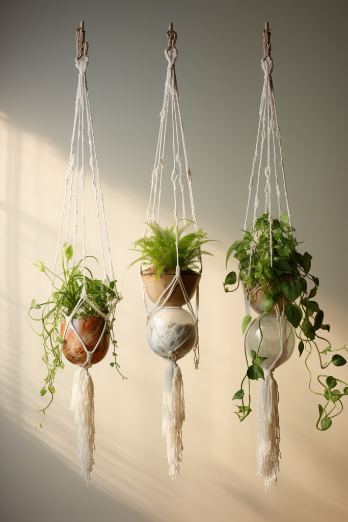 Enhancing interior design with three hanging pots of plants and tassels.