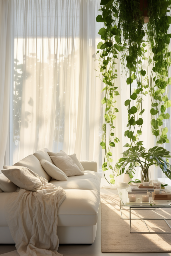 Enhancing the interior design of a white living room with hanging ceiling plants.
