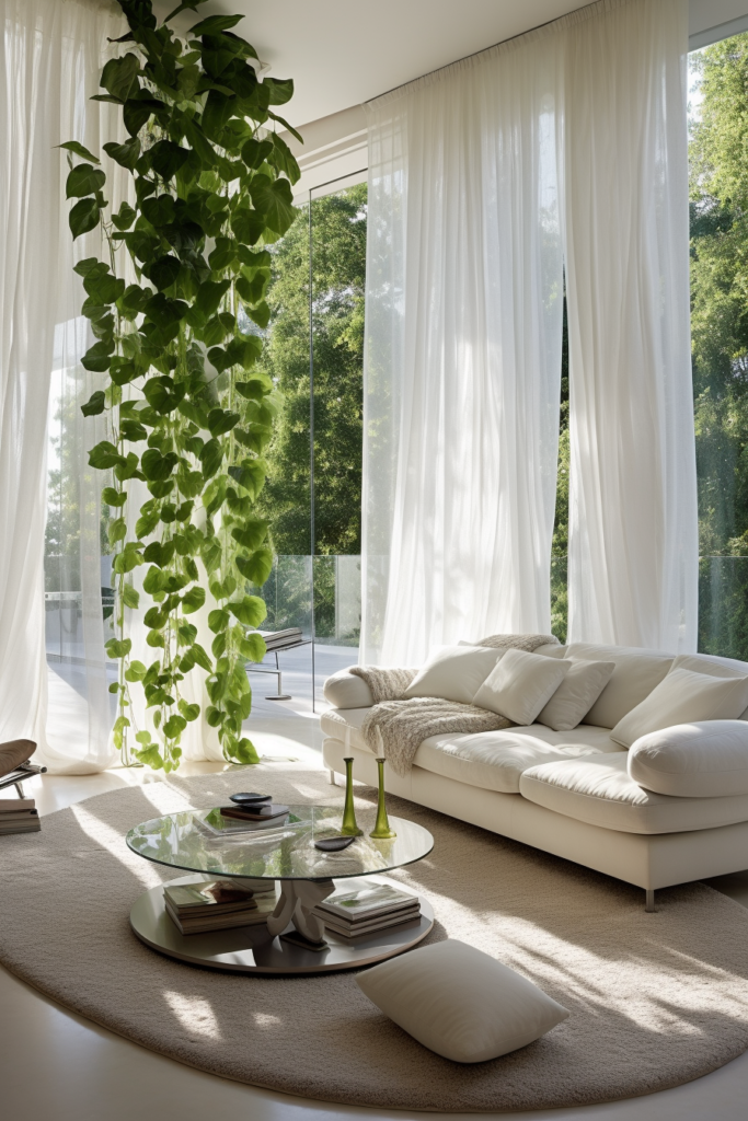 An interior design of a white living room is enhanced by the addition of a hanging plant from the ceiling.