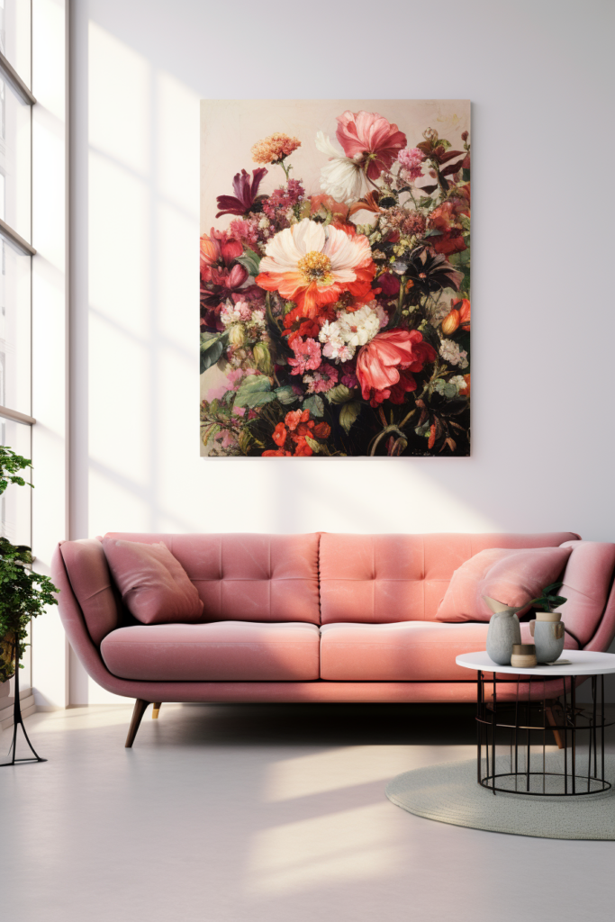 A living room with a focal pink couch and a painting of flowers.