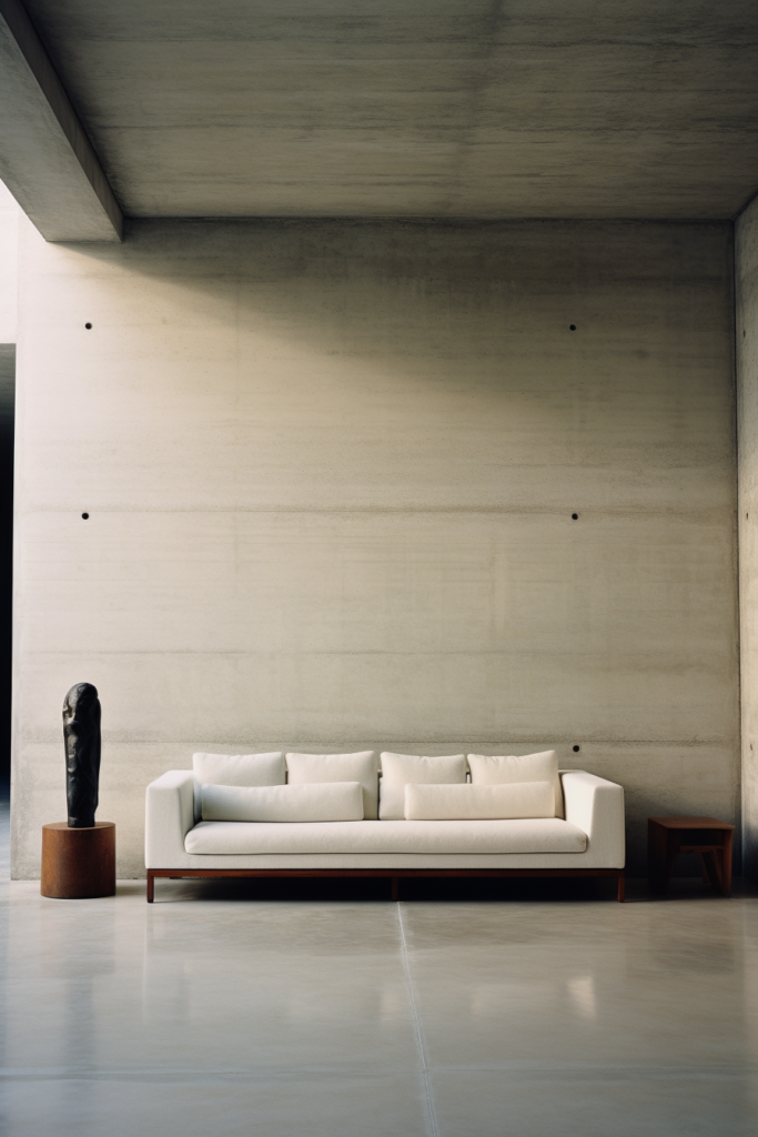 This room features a white couch against large concrete walls.