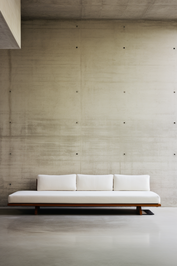 A white couch arranged as a focal furniture piece in front of a concrete wall.
