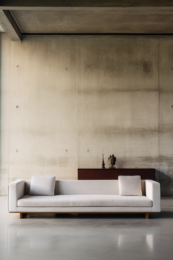 Large concrete walls frame a pristine white couch in this minimalist room.