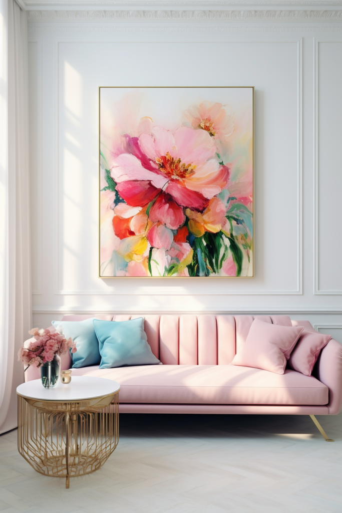 A living room with a pink couch and a painting of flowers, featuring focal furniture arrangements.