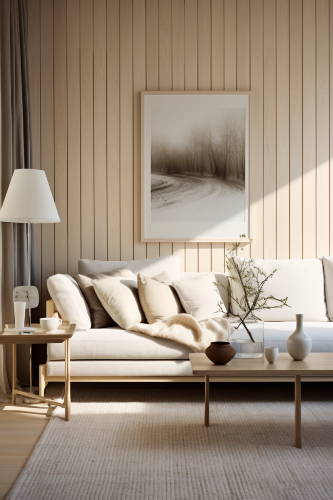 A white living room with wooden walls and a white couch featuring furniture arrangements on large walls.