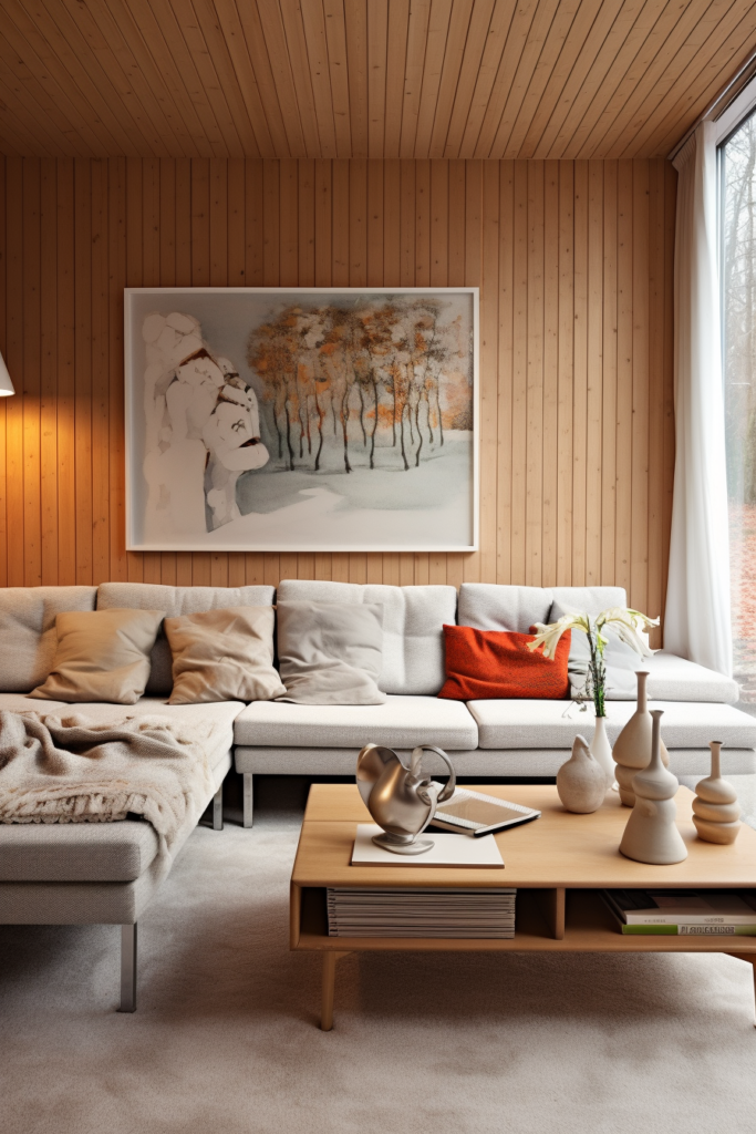 A white couch in a living room with wood paneling, creating a focal point in the space.