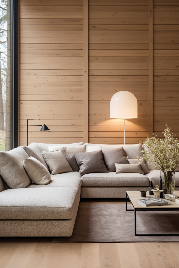 A living room with wooden walls and a white couch featuring a focal furniture arrangement.
