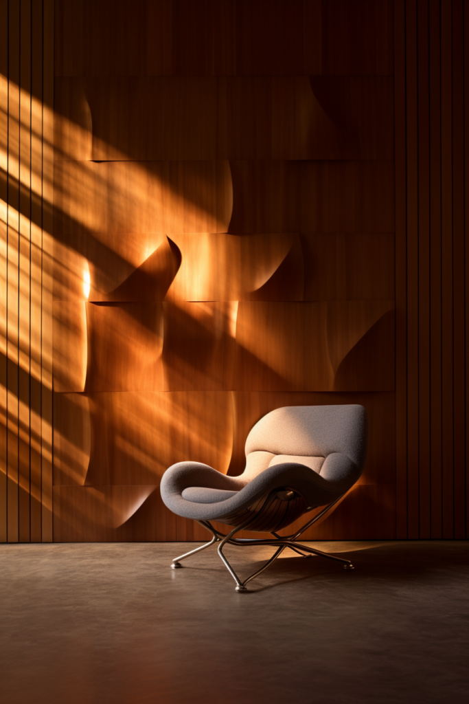 A chair positioned in front of a wooden wall, creating a focal point in the room.