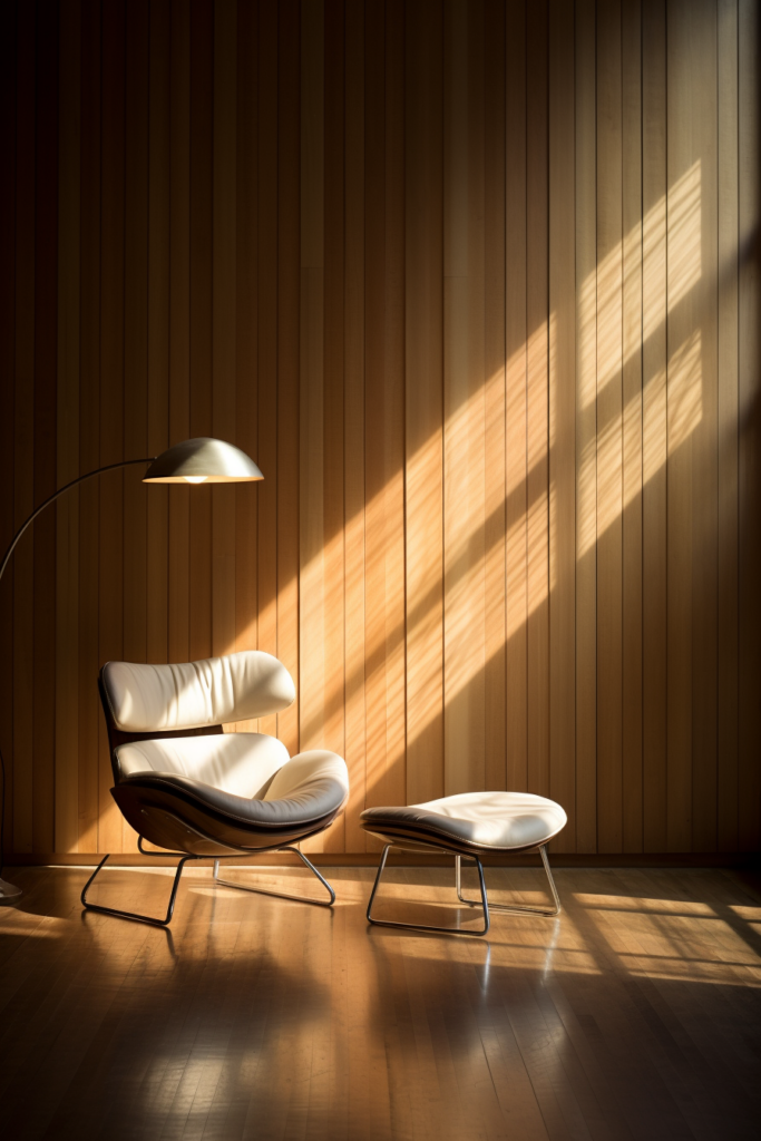 A chair and ottoman placed in front of a large wooden wall, creating a focal point amidst the furniture arrangement.