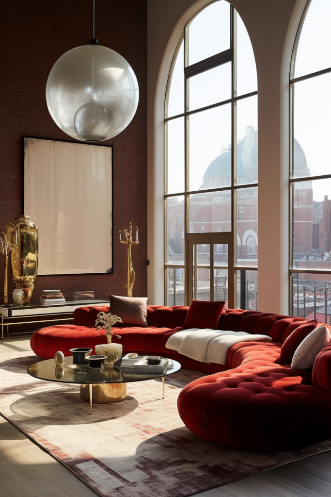 A living room with red couches and a large window featuring focal furniture.