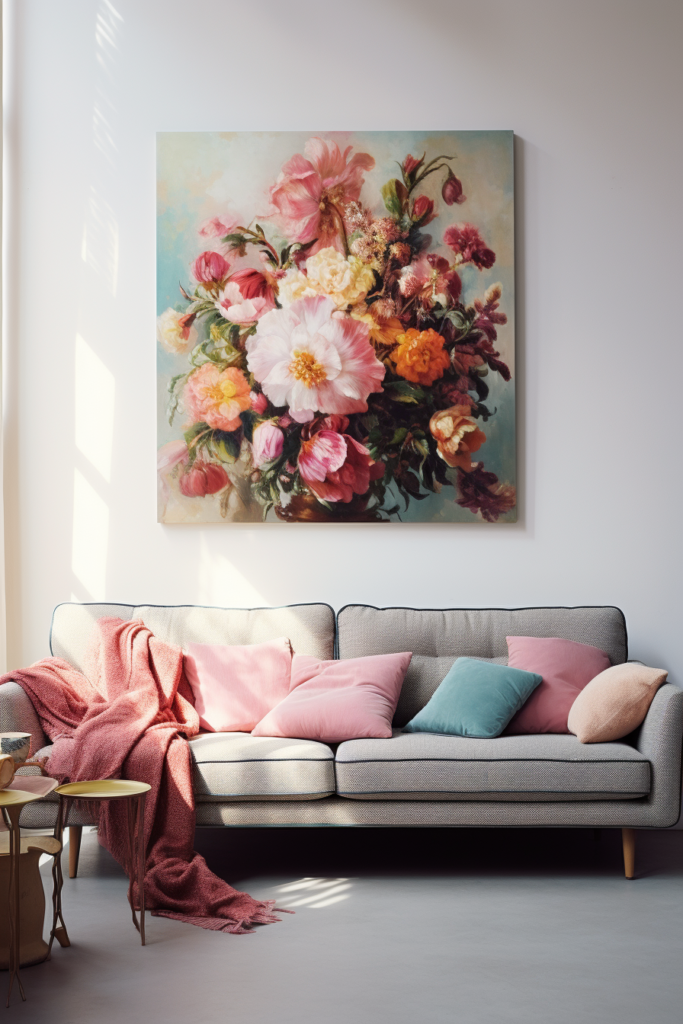 A living room with a large painting as the focal point on one of the large walls.