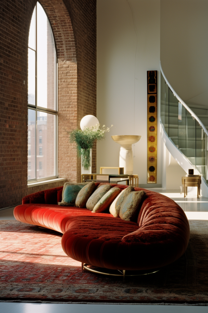 A red couch in a living room creates a focal point and complements the large walls.