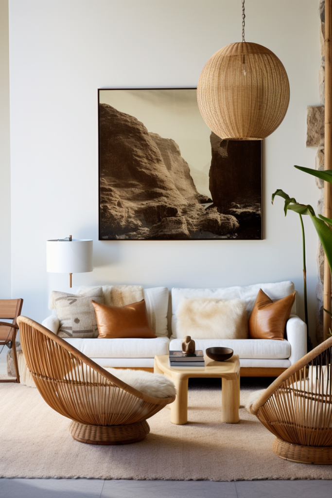 A living room with rattan furniture arrangements.