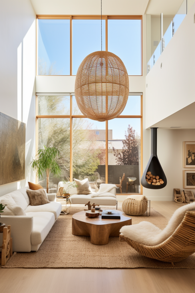 A modern living room with large windows and focal furniture arrangements.