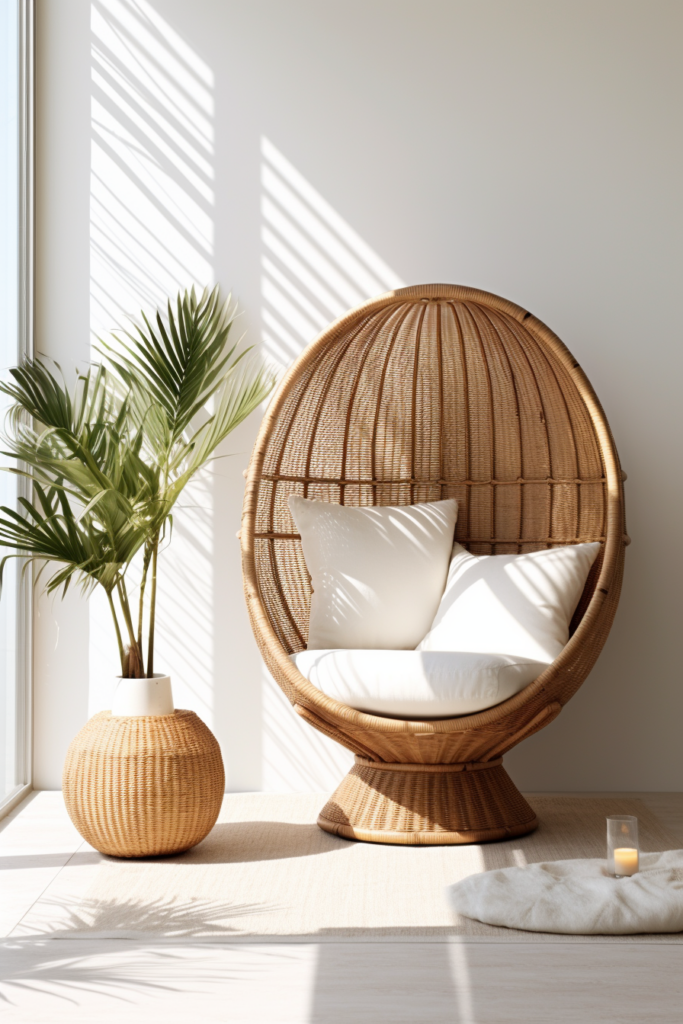 A wicker chair strategically positioned in front of a window, creating an inviting space for relaxation and contemplation.