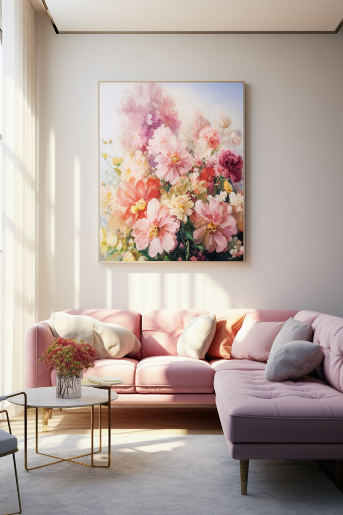 A pink couch as a focal furniture arrangement in a living room with large walls.