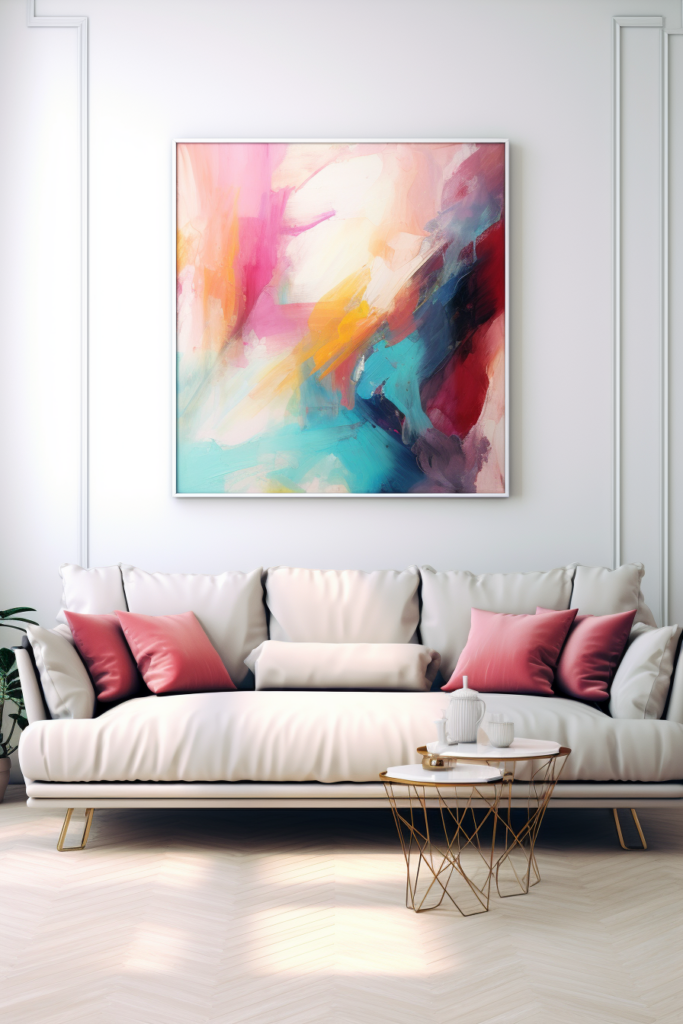 An abstract painting hangs above a couch in a living room with large walls.