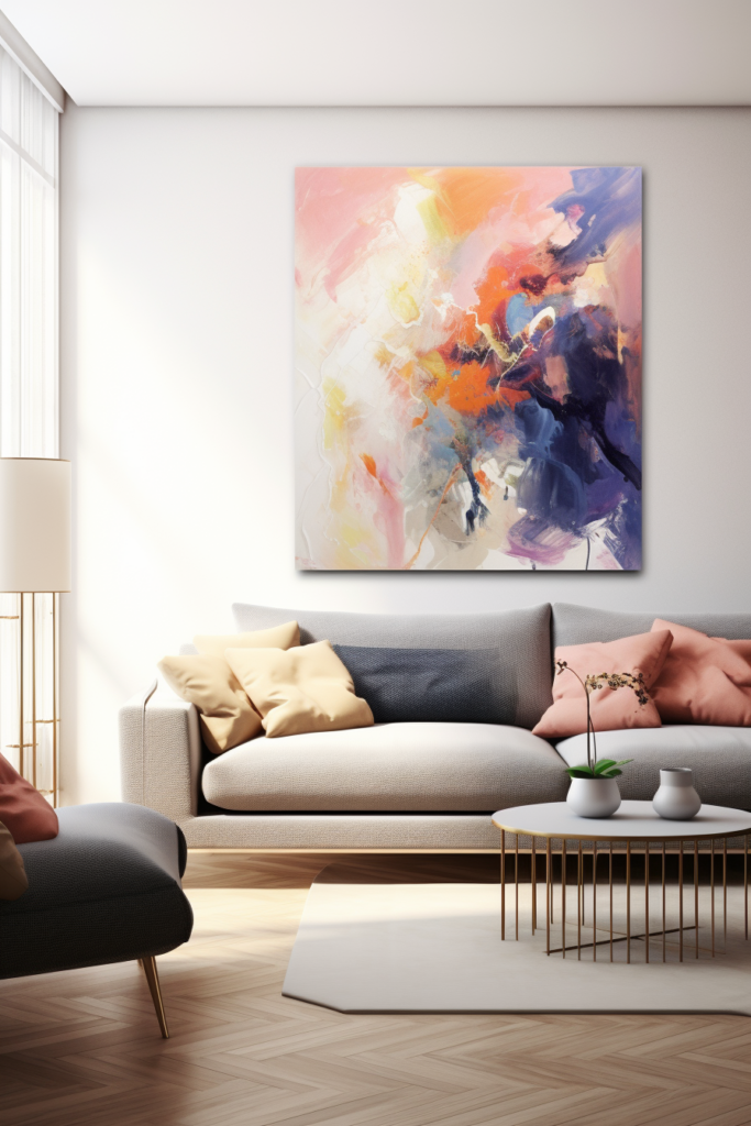 A large abstract painting hangs above a couch, creating a focal point in the living room.