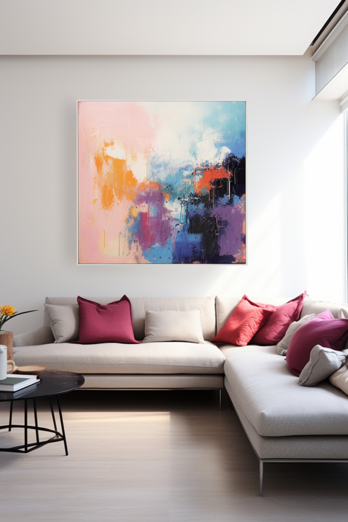 A large abstract painting hangs above a couch, creating a focal point in the living room.