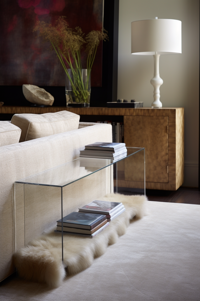 A glass console table as the focal point in a living room with large walls.
