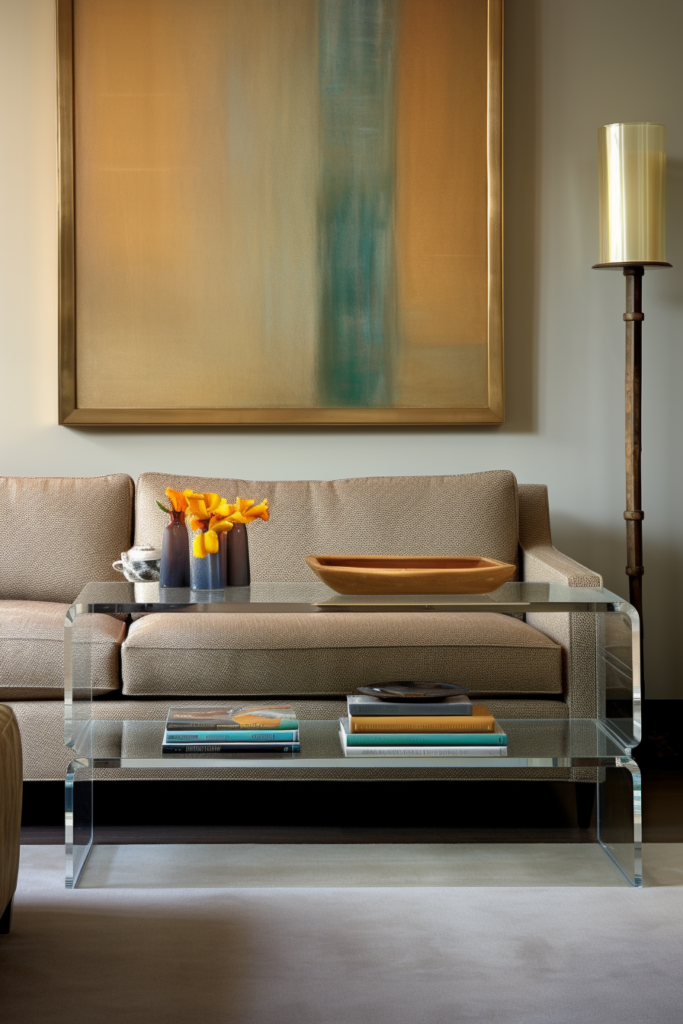 The living room features a glass coffee table, adding to the sleek and modern furniture arrangements.