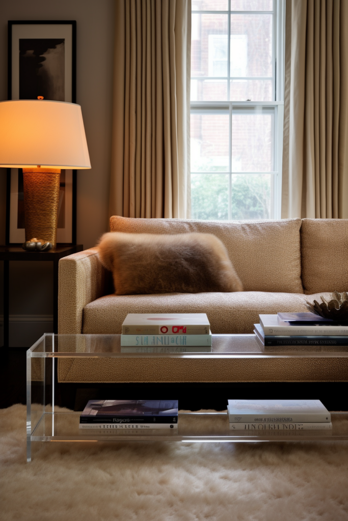 A glass coffee table, serving as a focal furniture piece, in a living room.
