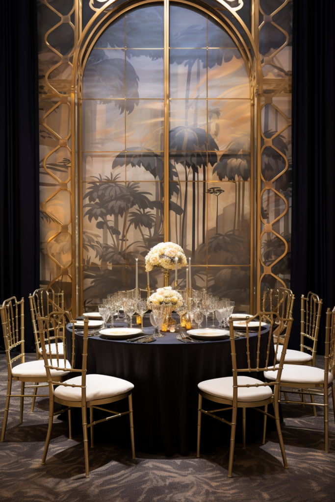 A black and gold table setting with a focal furniture arrangement.