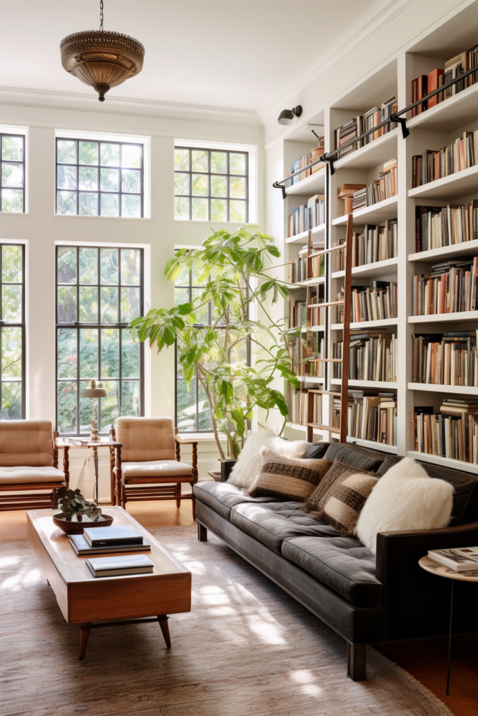 A functional living room with stylish bookshelves.