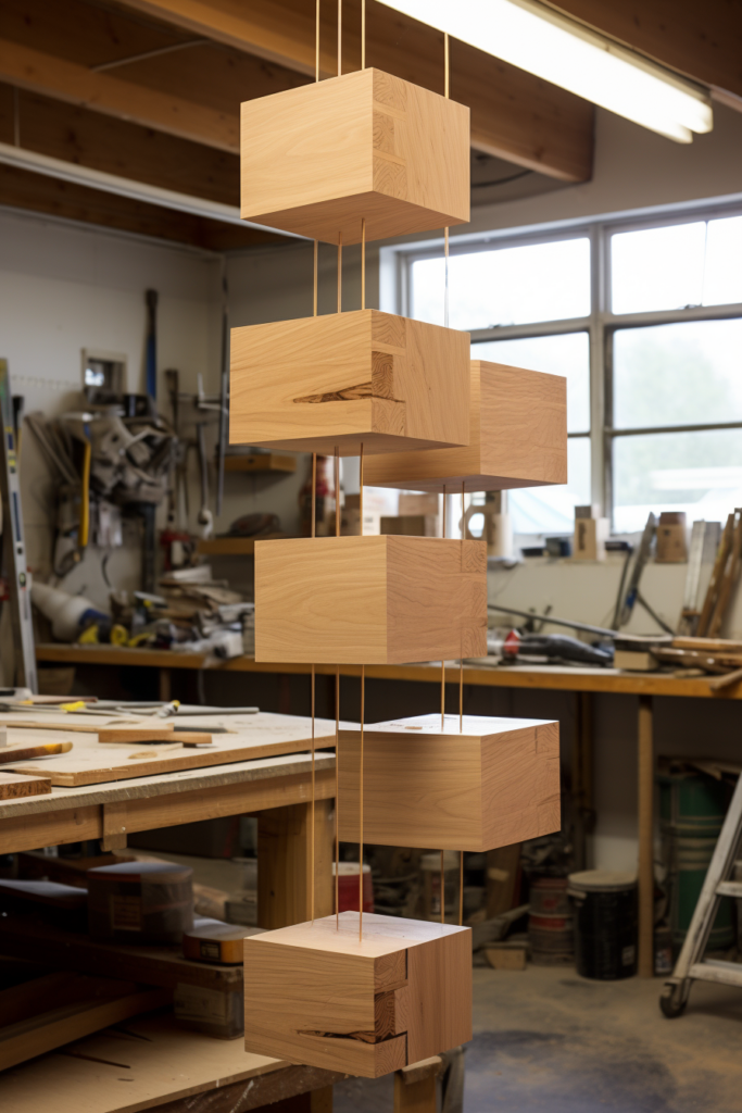 A wooden box suspended from the ceiling in a workshop with large walls.