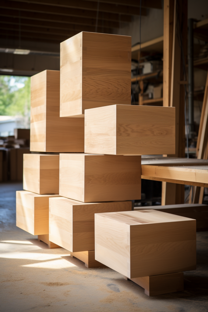 A stack of stylish wooden boxes in a workshop.