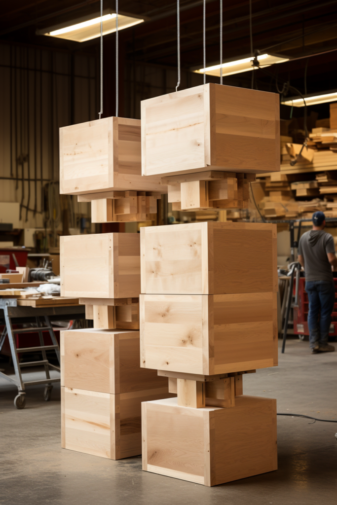 Two functional wooden shelving units hanging stylishly from a ceiling in a workshop.