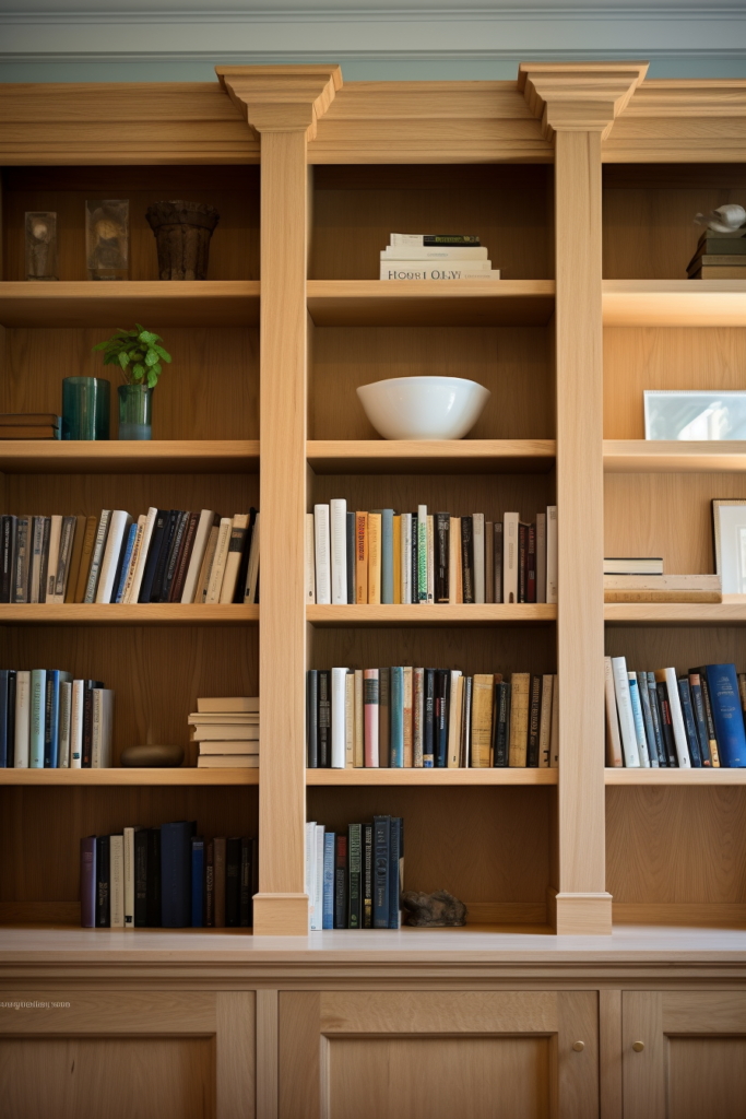 A functional bookcase with stylish shelving units in a room filled with a lot of books.