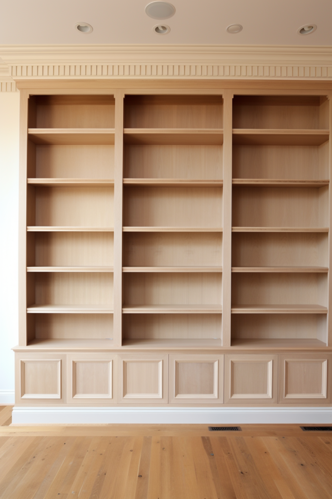 A stylish bookcase with functional shelving units in a room with hardwood floors.