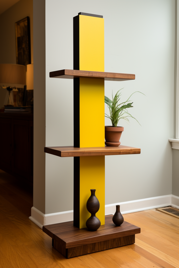 A stylish wooden shelf with a plant on it.