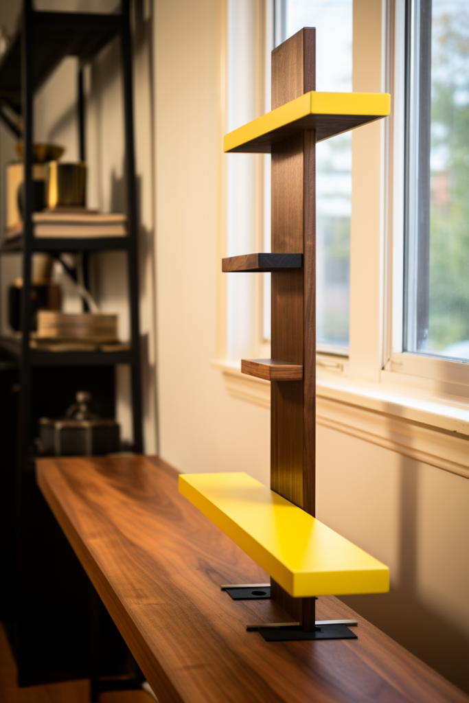 A stylish wooden shelf with functional shelving units in front of a window.