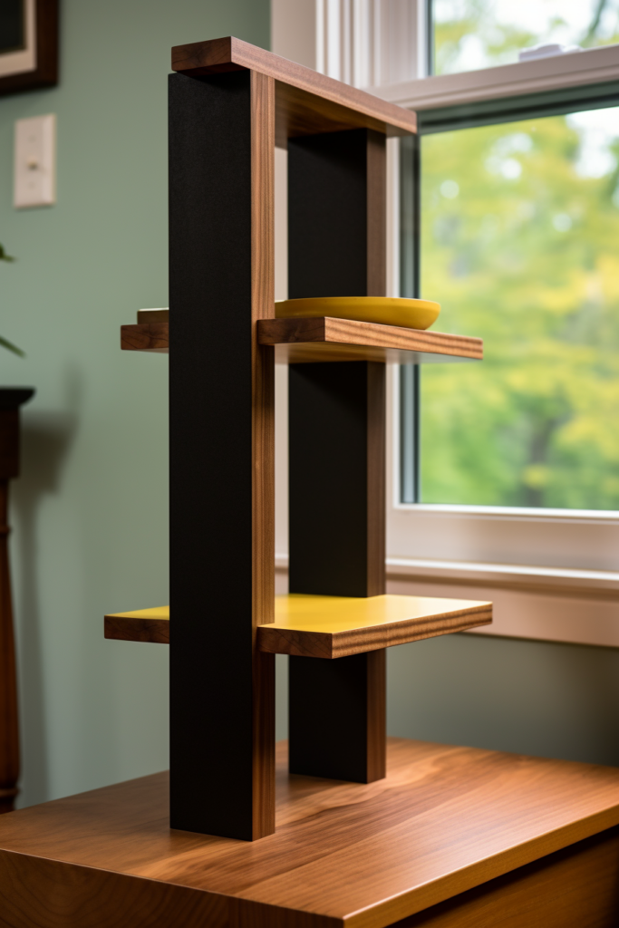 A functional and stylish wooden shelf in front of a window.