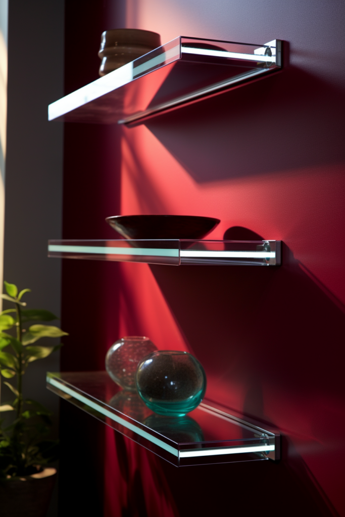 Functional and stylish glass shelving units on a wall.