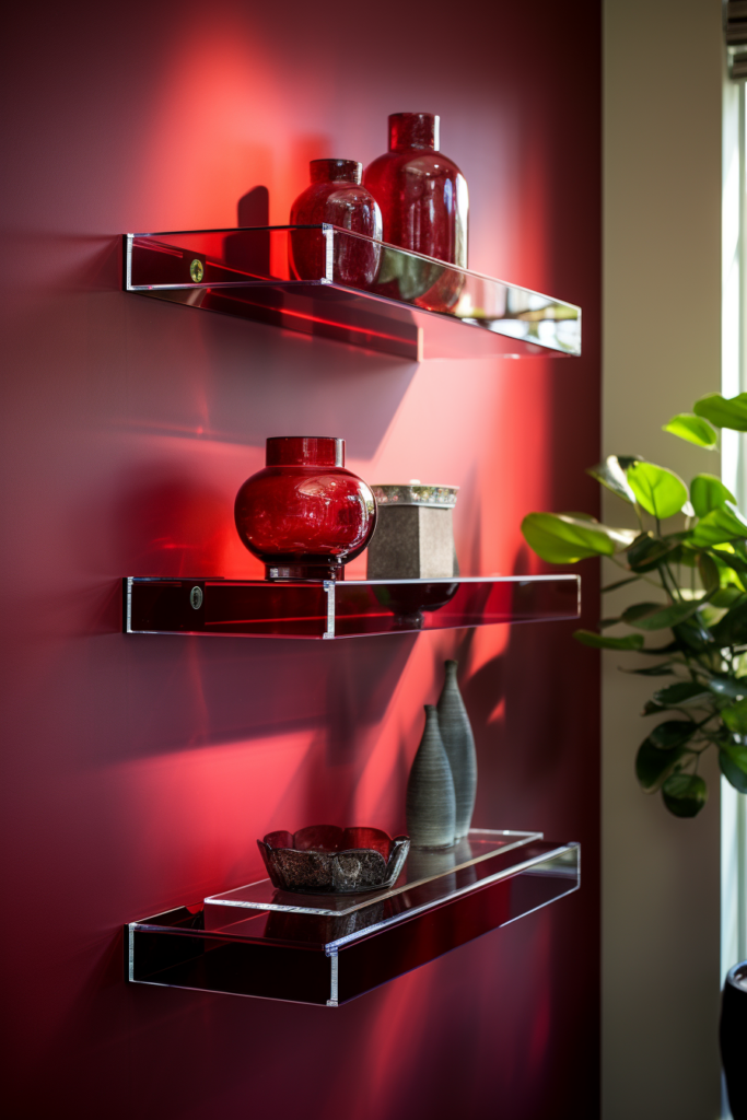 A stylish and functional red wall with shelving units.