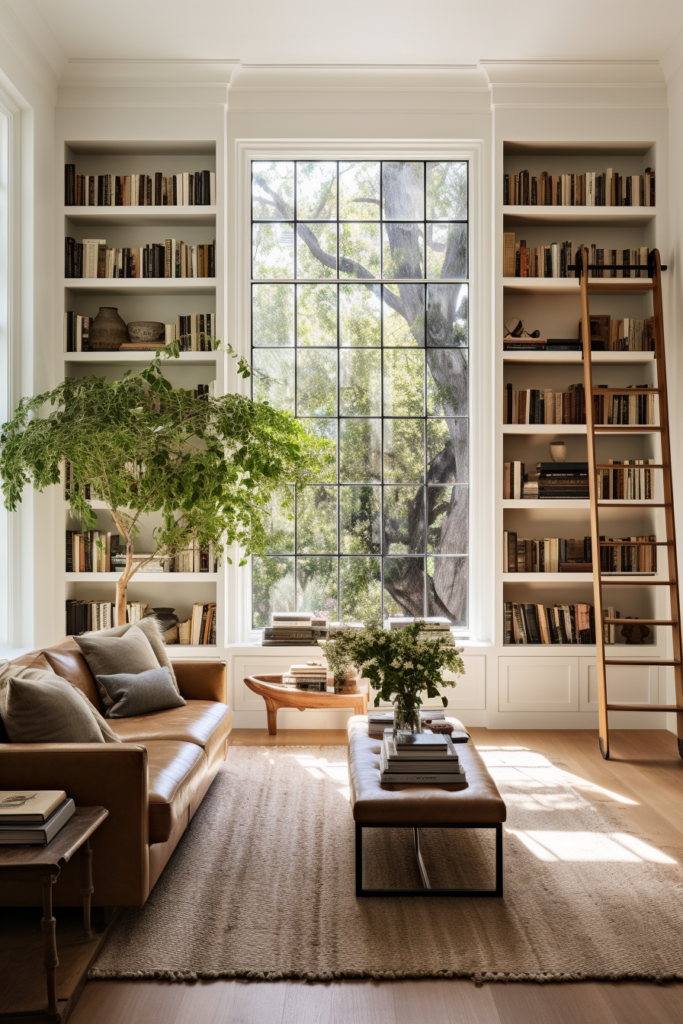 A stylish living room with a large window and functional bookshelves.