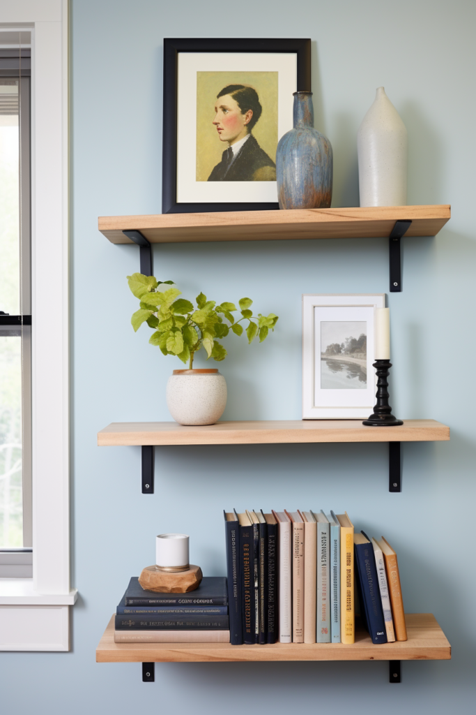 A stylish shelf with functional shelving units that hold books, a plant, and a picture.