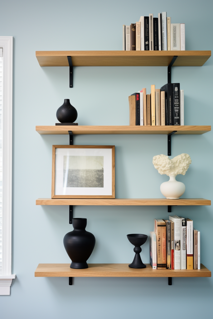 A stylish shelving unit with books and vases, combining both functionality and style.