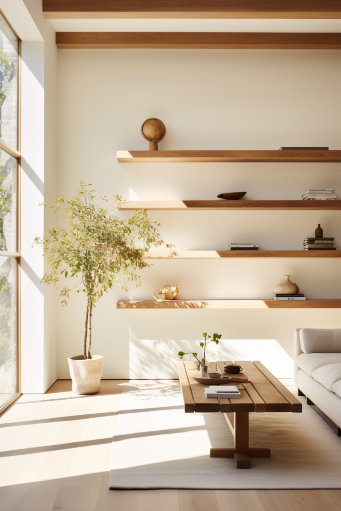 A white living room with stylish wooden shelves.