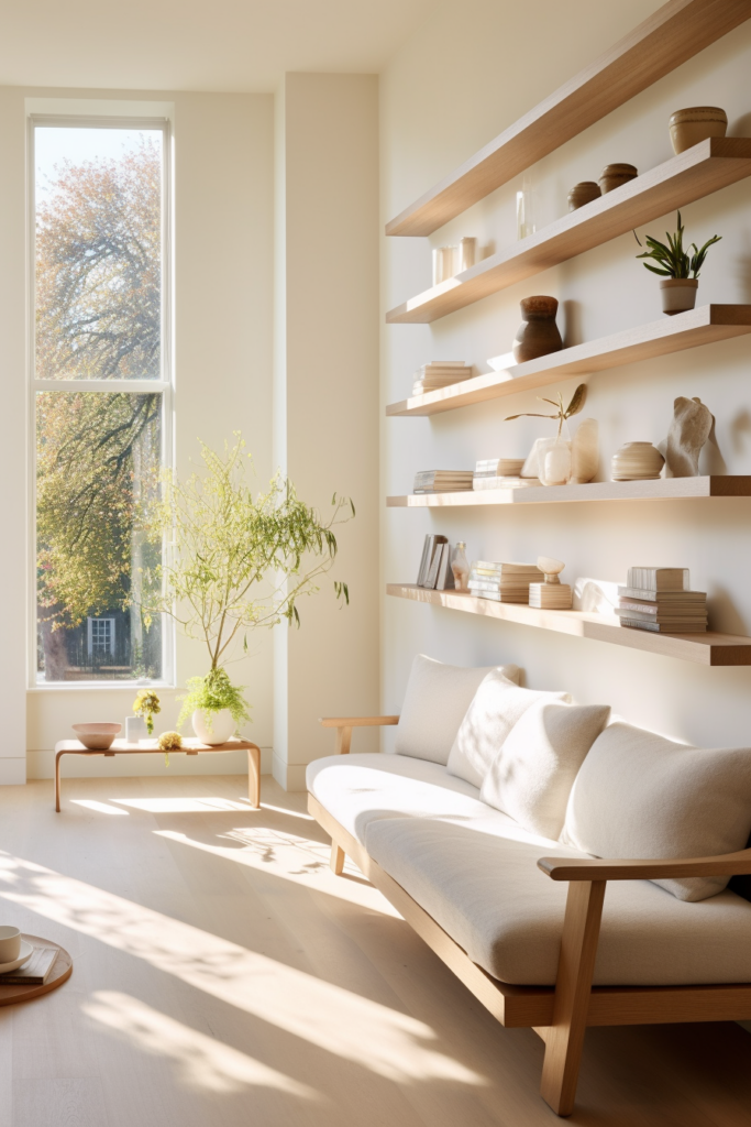 A white living room with wooden shelving units and a window.