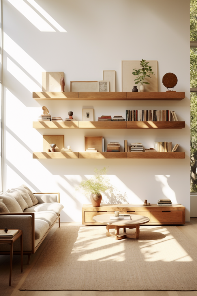 A stylish living room with functional wooden shelving units and a comfortable couch.