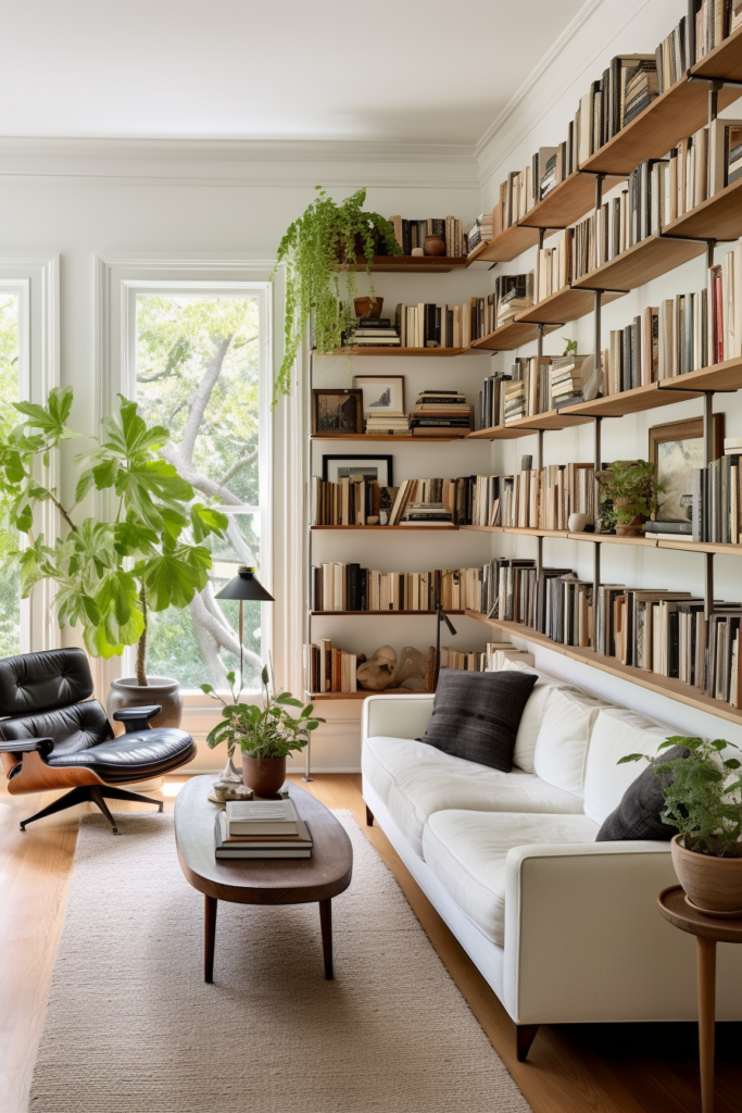 A stylish living room with functional shelving units and lots of plants.