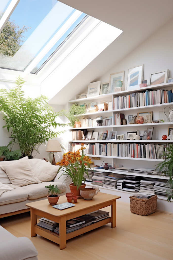 A stylish living room with a functional skylight and shelving units.