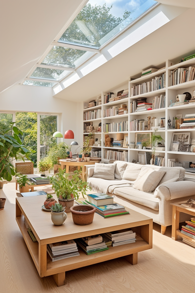 A stylish living room with a functional skylight.