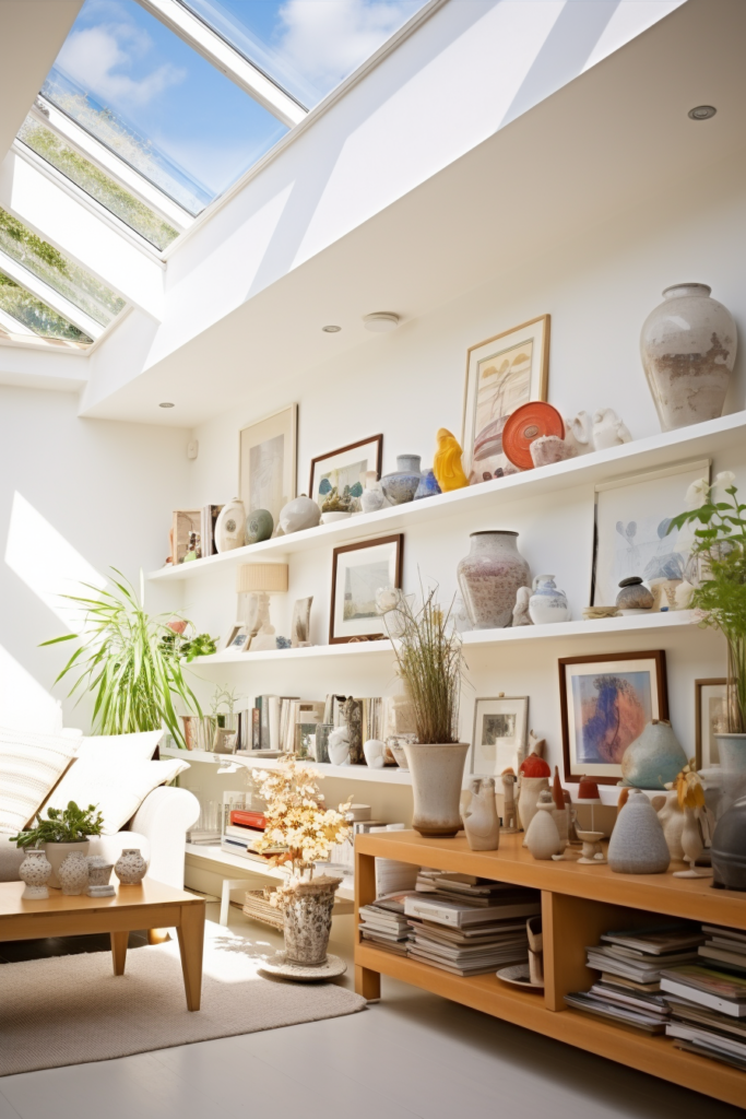 A stylish living room with a skylight and functional shelving units.
