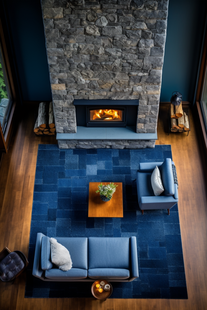 An aerial view of a living room with a stone fireplace, featuring traffic flow optimization.