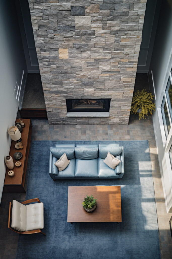 A functional living room with a stone fireplace, optimized for traffic flow.